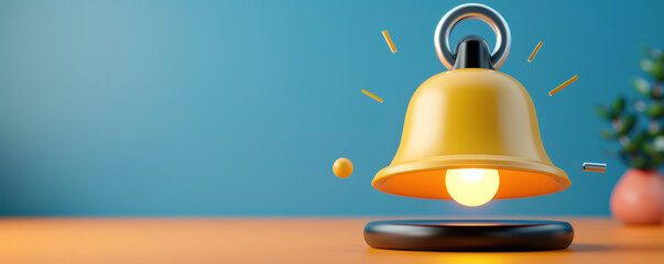 modern notification bell icon with glowing alert symbol, set against blue background, conveys urgency and attention. vibrant yellow bell stands out wooden surface, adding touch of digital
