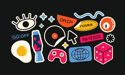 Y2K patches, labels, tags, stickers, stamps in retro style. Cartoon stickers in funky hipster groovy style. Vector set, trendy promo labels, figures, elements in Futuristic style