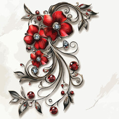 Elegant Metal Floral Design with Red Flowers on White Background