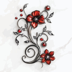 Elegant Metal Floral Design with Red Flowers on White Background