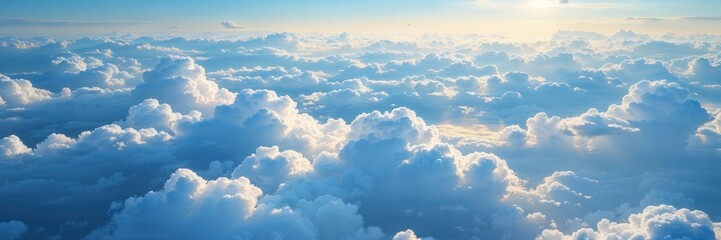 Aerial panorama of fluffy clouds under a serene blue sky offering expansive sky view