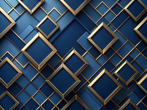 Abstract Luxury Dark Blue Gold Rectangle Pattern Background - 3D Geometric Design