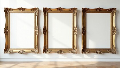 Ornate antique gold frames in artistic gallery arrangement against a stark white backdrop , golden, style