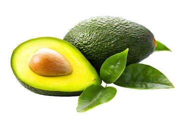 Studio Shot of Sliced and Whole Avocado with Green Leaves on Transparent Background Featuring Fresh Organic Produce