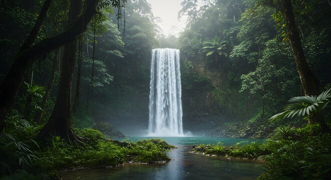 Majestic Waterfall in Rainforest: A breathtaking waterfall cascades down a lush, green rainforest, creating a serene and tranquil scene. The water plunges into a crystal-clear pool below.