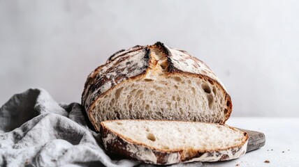 Obraz premium Freshly baked artisanal sourdough bread with a rustic, crispy crust, sliced to show its texture, isolated on a white background.