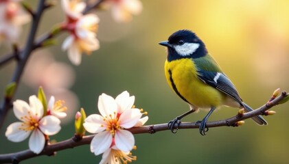 Obraz premium Great tit perched on blossoming branch, spring sunlight , feather, tree branch, parus major