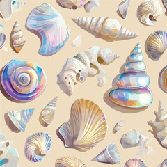 Iridescent Seashells and Fragments on Tan Background EPS