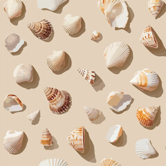 Iridescent Seashells and Fragments on Tan Background EPS