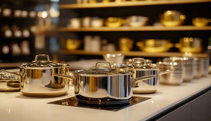 Front display of a kitchenware store featuring a variety of stainless steel cookware. Concept of modern kitchen tools, cookware shopping,