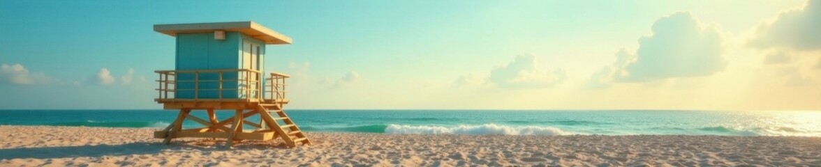 Empty lifeguard station on sandy beach, fading light, picture, coastal, view