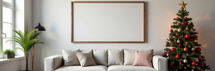 Empty frame mock-up on wall, beside sofa & decorated Christmas tree , artwork, illustration, visual