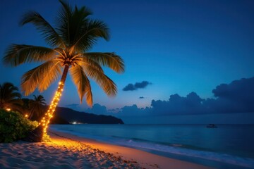 Obraz premium Solitary palm, Christmas lights, Hawaiian beach Festive tropical scene , festive lights, winter holiday, holiday
