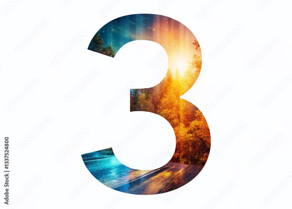 Poster abstract number three with rotating arrow - double exposure stock photo