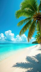 Fototapeta premium Palm-lined beach meets vibrant turquoise sea under sunny sky , background, sea, vacation