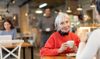 Elderly woman meets her adult daughter in cafe. Conversation over a cup of coffee
