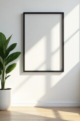 Shadowy black frame on pristine white wall, interior setting , interior design, shadow