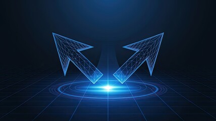 Abstract digital two left-right arrows with green and red color shapes in futuristic low poly style with doodle elements on a technology dark background. Data receive concept. Vector illustration 