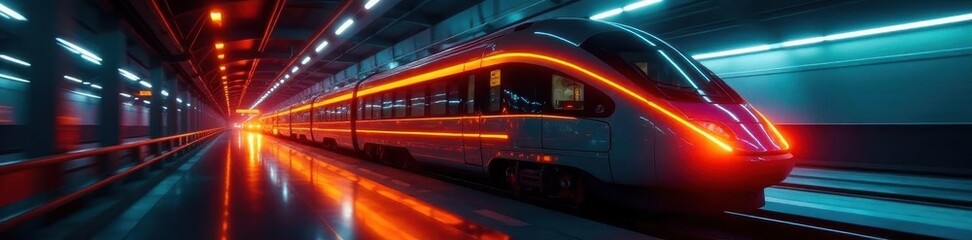 Obraz premium Orange light illuminates advanced train's sleek exterior at night, high-tech, concept, tracks