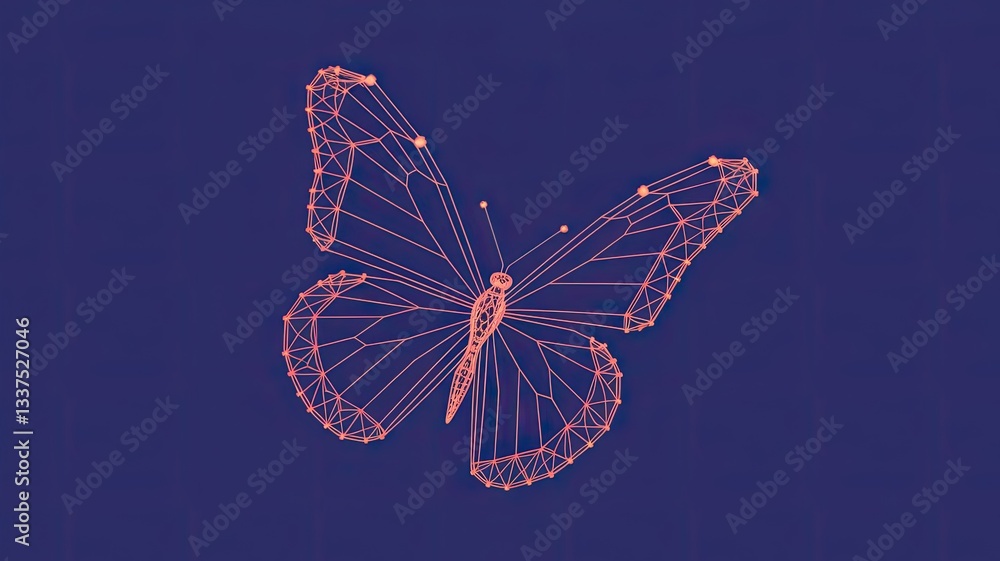 Poster abstract flying butterfly in polygons, lines and connected dots. vivid low poly wireframe butterfly 