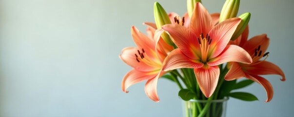 Fototapeta premium Close-up of beautiful lilies arrangement in glass vase, elegant, beautiful