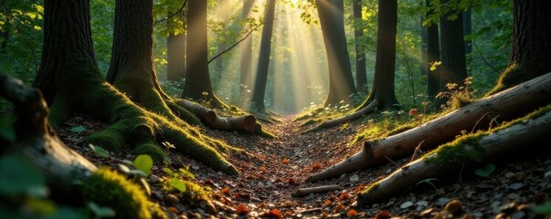 Sun-dappled forest floor, decaying logs, deep shadows, log, ground