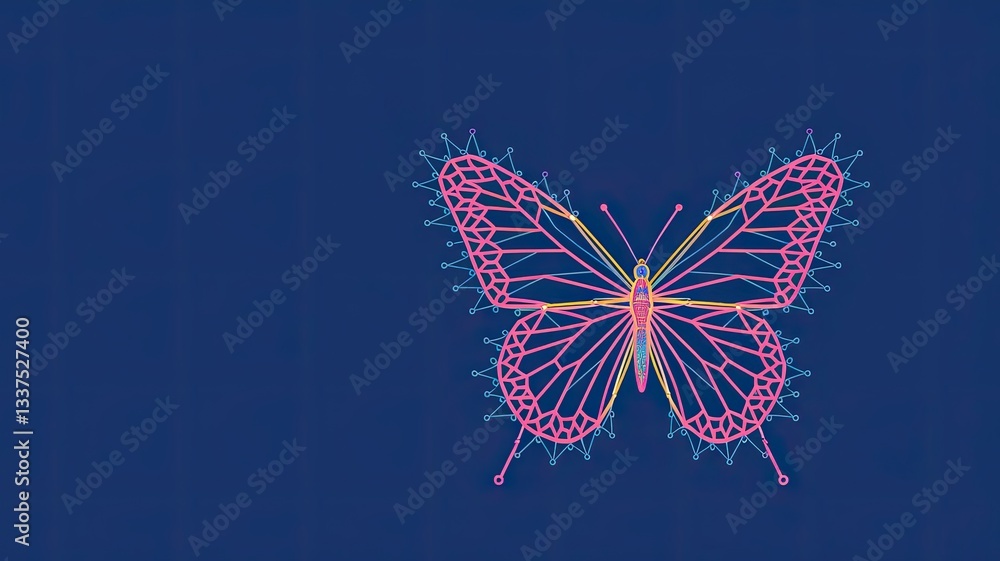 Poster abstract flying butterfly in polygons, lines and connected dots. vivid low poly wireframe butterfly 