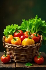 Rustic woven basket overflowing with vibrant, garden-fresh vegetables , heirloom, produce
