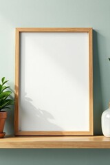 Simple wood frame on shelf beside green plant, still life, interior