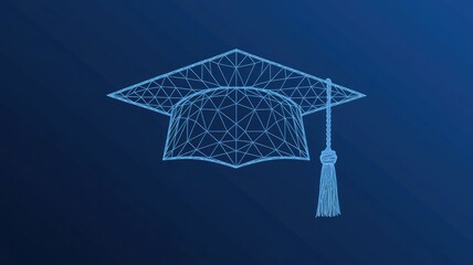 Abstract graduate college, high school or university cap. Low poly wireframe vector illustration on technology blue background. Education concept 