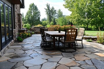 Obraz premium An outdoor patio with a dining table and surrounding landscape