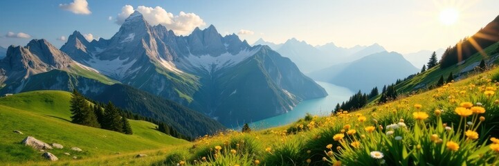 Obraz premium Sunlit peaks, alpine meadows, Karwendel panorama, picturesque, environment