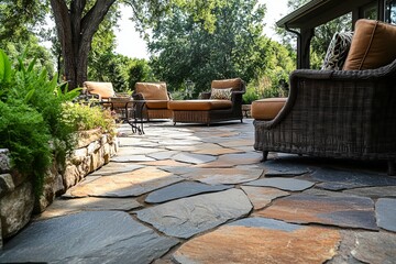 Beautiful outdoor patio area with stone flooring and comfortable seating