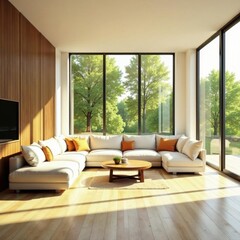 Sunlit living room, minimalist furniture, expansive windows, contemporary, design, contemporary design