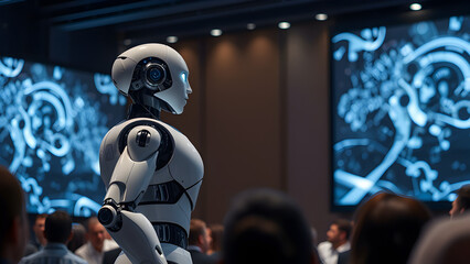 A humanoid robot woman walking on the runway at a fashion show, Futuristic business assistant robot with a touchscreen displaying data analytics,A futuristic humanoid robot with sleek white PIC.