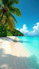 Fototapeta premium Turquoise water laps white sand beach Palm trees sway gently in breeze , photography, illustration, waves