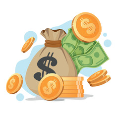 Cash Savings and Personal Finances Concept. Fabric money bag with dollar sign Simple Flat trendy cartoon vector illustration.