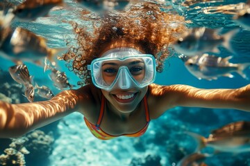 Naklejka premium Dream holiday on a tropical island. A dense school of silver fish swims next to her. Bright commercial style image. Fun in the sun snorkeling. Serene ocean escape. Woman exploring the sea fl.