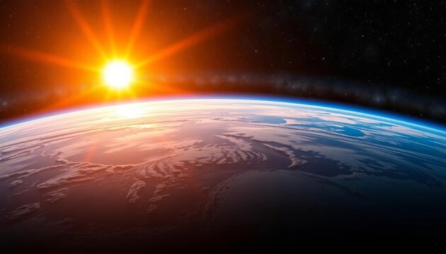 Earth's limb bathed in sunrise, vast cosmic backdrop, cosmic, blue marble - Powered by Adobe