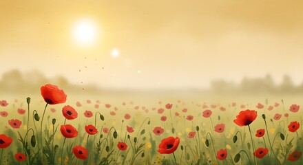 Fototapeta premium Vibrant Poppy Field Illustration at Sunrise Offering a Sense of Peace