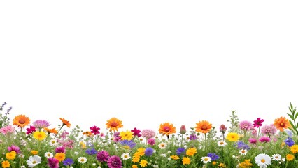 Colorful wildflowers bottom border with blank copy space white background