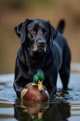 Black lab retrieves mallard duck, glistening feathers, wildlife photography, mallard