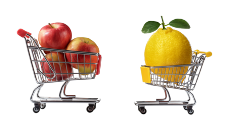 Fresh Produce Shopping: Two miniature shopping carts, one overflowing with vibrant red apples and the other with a single, perfectly ripe lemon, showcasing the freshness and quality of fresh produce.