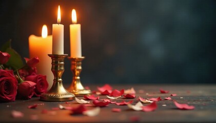Gilded candle holders & scattered confetti on a wooden table, still life, fall, interior