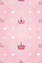 Fototapeta premium Delicate pink princess repeat pattern Crown, star, diamond, heart motifs , pink, texture, digital