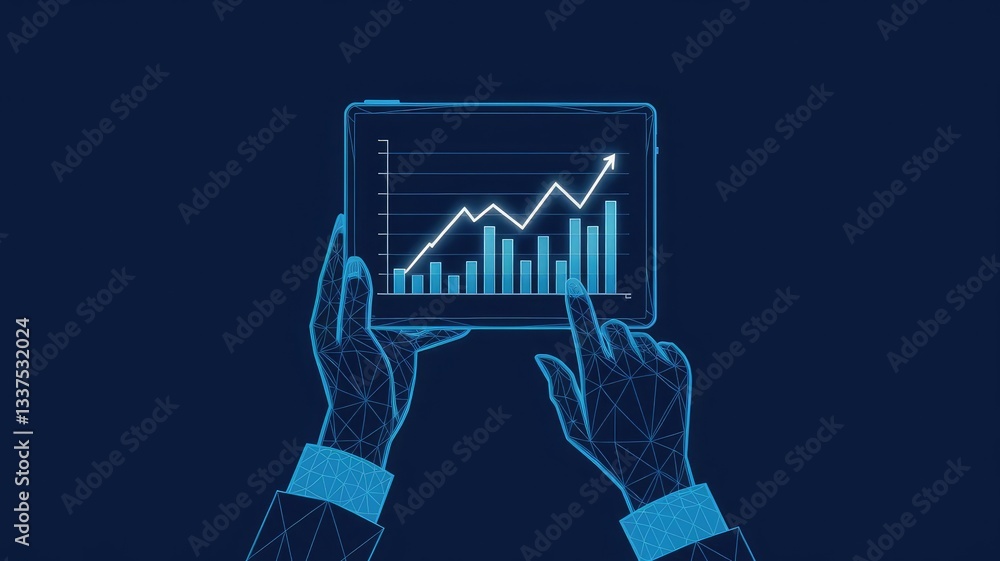 Poster abstract growth graph chart on tablet screen. technology hands holding tablet with growth histogram.