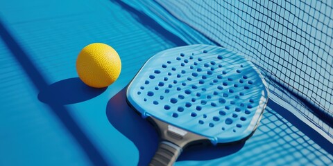 Blue paddle and yellow ball on a sunlit court casting distinct shadows.