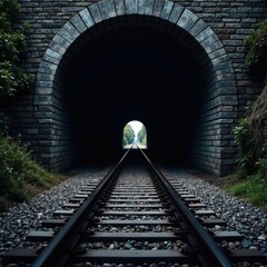 Dark tunnel entrance, railroad tracks disappear into blackness , infrastructure, perspective