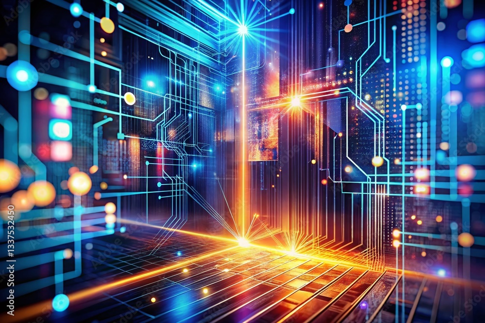 Aufkleber abstract technology background: double exposure of digital networks, supercomputing & microprocessor