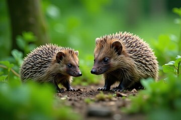 Green hedgehog family foraging in forest undergrowth, green, hedgehog, summer